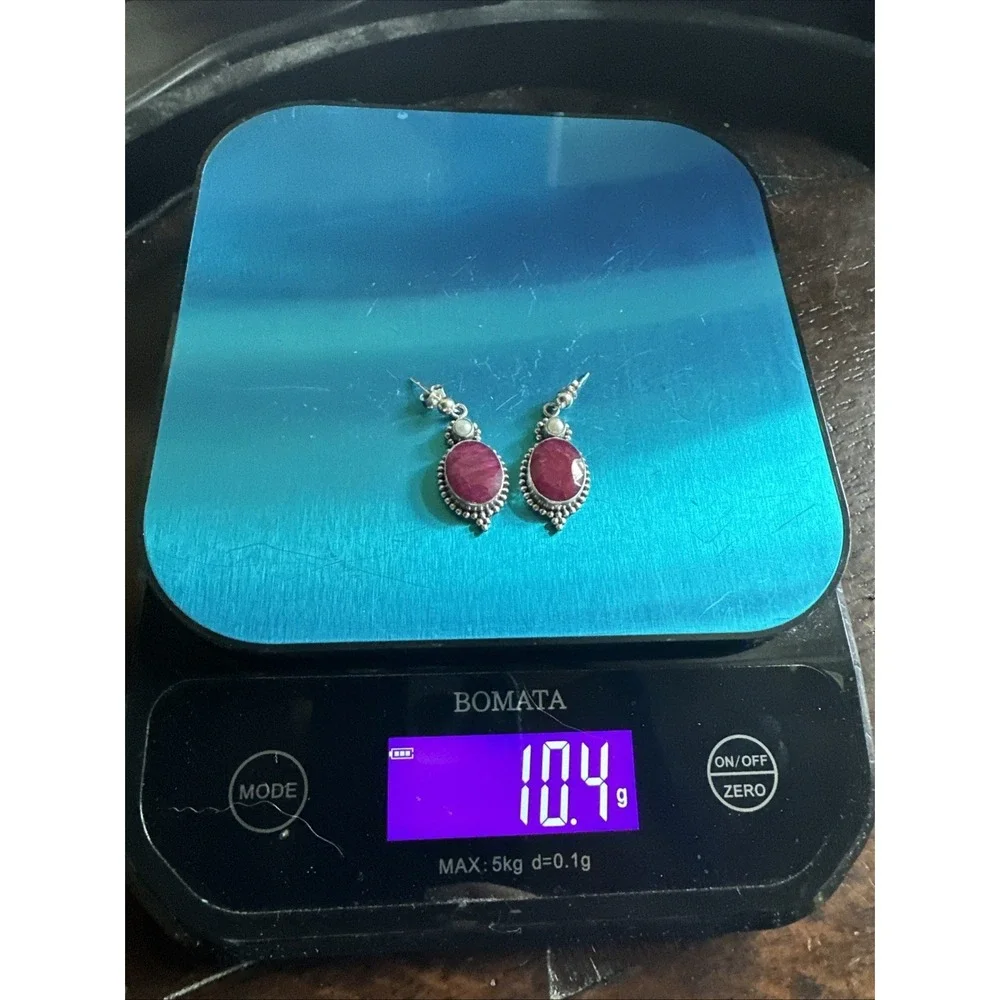 Vintage Artisan Stud Dangle Earrings 1.3 Inch Ruby Pearl 925 Sterling 10.4g‎